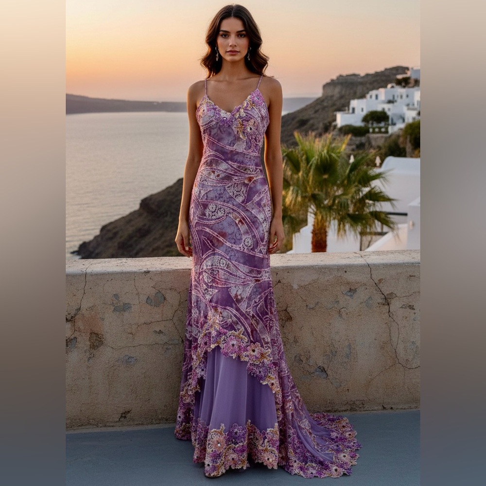 Designer couture Purple hand beaded Lace‎ Evening Gown with Floral Accents
